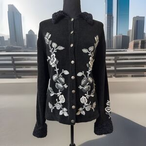 Vintage 90s Black Pastel Floral Cardigan XL Cottage‎ Granny Whimsygoth